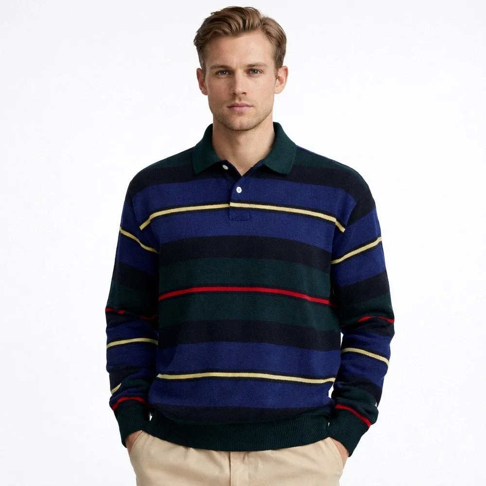 Polo Ralph Lauren Vintage 90s Striped Lambswool Polo‎ Sweater Blue Green